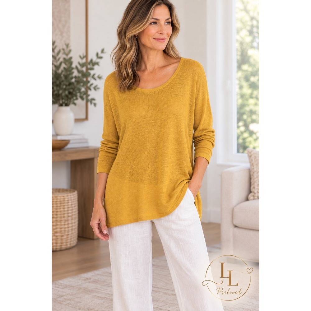 Eileen Fisher Sweater Womens 2X Yellow Organic Linen Knit Scoop Neck Lagenlook